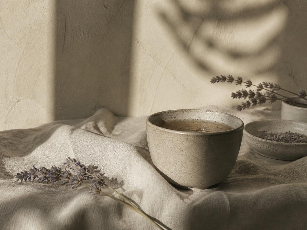 Infusión en cerámica artesanal y lavanda seca sobre lino